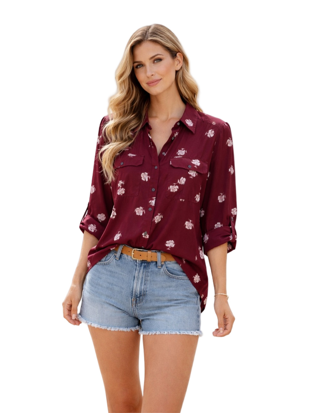 elodie Burgundy Floral Button-Up long sleeve collared blouse